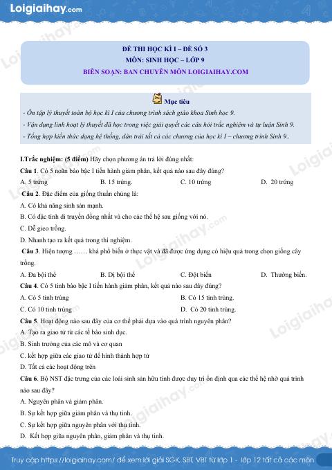 Đề số 3 - Đề kiểm tra học kì 1 - Sinh học 9